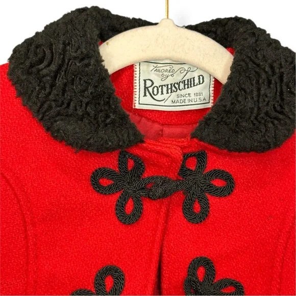 Rothschild Red Pea Coat for Girls with Black Details